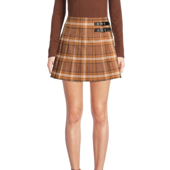 NOBO Dresses & Skirts - NOBO | Plaid Brown Pleated Skirt Faux Leather Buckle XXL Nwt!